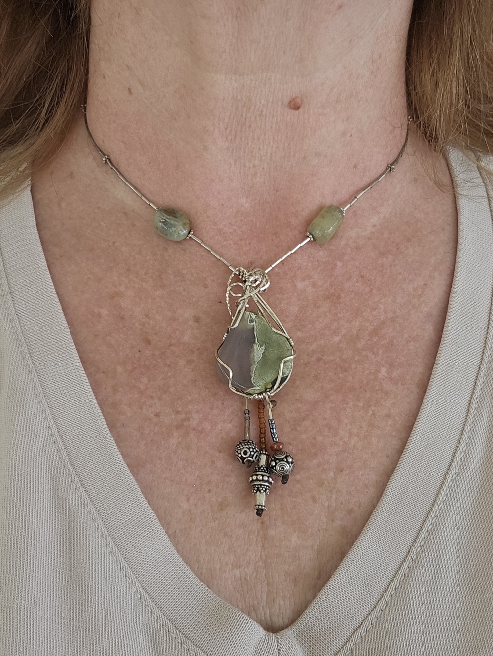 Handcrafted Green Agate Pendant Necklace with Sterling Silver Accents